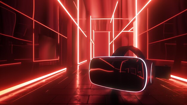 Auriculares de realidad virtual en una habitación de neón rojo