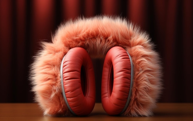 Los auriculares rojos descansan en una mesa de madera.