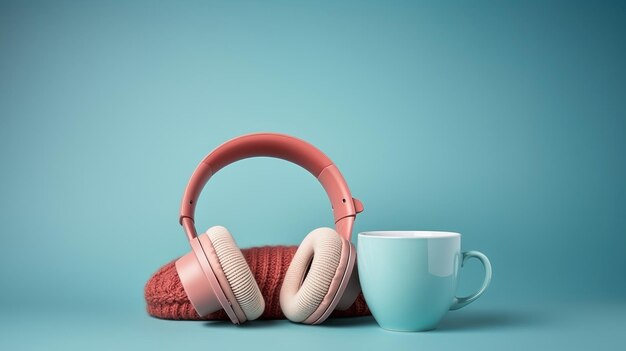 Auriculares rosados, sombrero de punto y taza de café sobre fondo azul