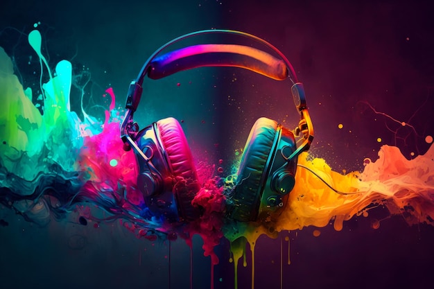 Auriculares con salpicaduras de colores sobre fondo negro IA generativa