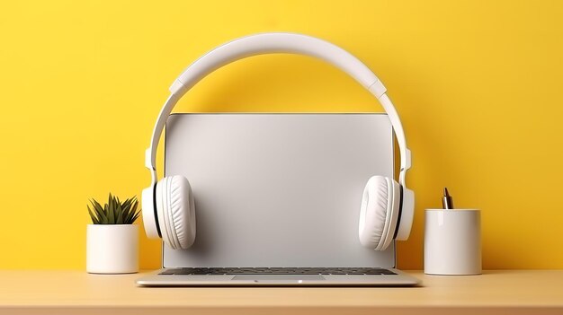 Auriculares y tabletas modernas blancas en la tendencia de fondo amarillo plano generativo Ai