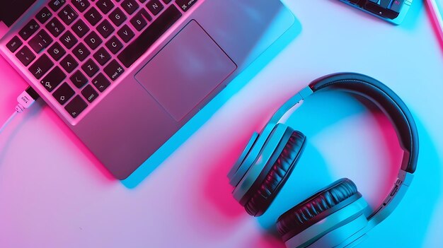 Foto auriculares de teléfonos inteligentes y teclado de computadora en fondo rosa y azul tecnología ia generativa