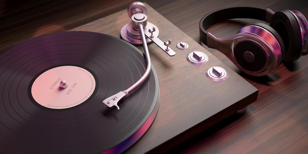 Auriculares y tocadiscos LP de vinilo sobre fondo de madera vista de primer plano ilustración 3d