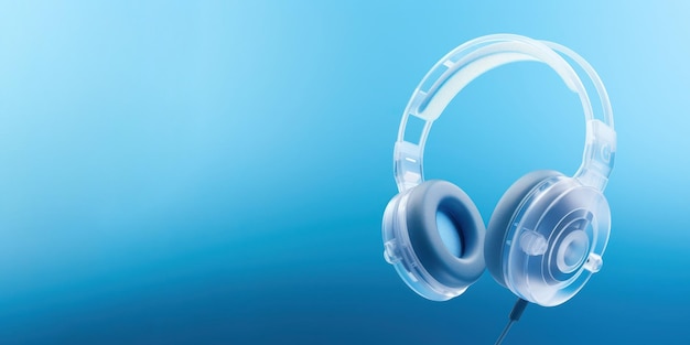 Foto auriculares transparentes 3d aislados sobre un fondo azul claro concepto mínimo