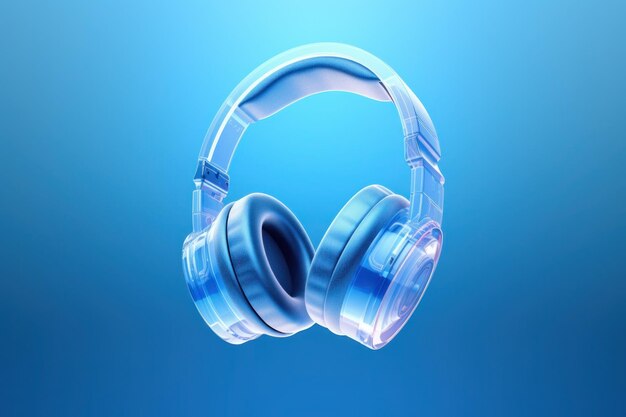 Foto auriculares transparentes 3d aislados sobre un fondo azul claro concepto mínimo