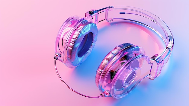 Auriculares transparentes con un gradiente púrpura y azul sobre un fondo rosado