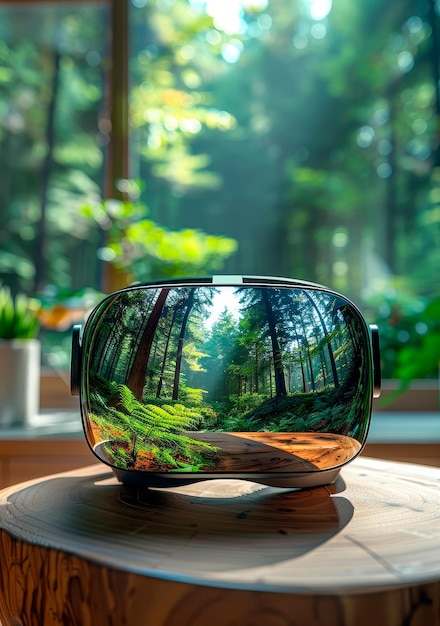 auriculares VR en una mesa de madera con un ambiente de bosque sereno mostrado en la pantalla