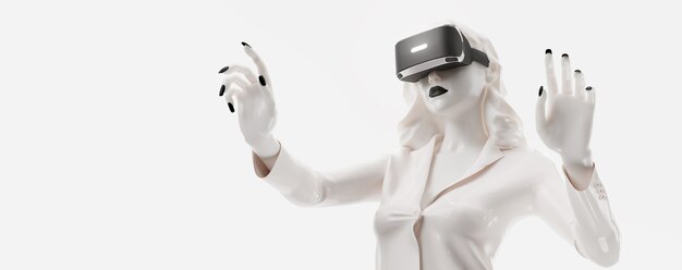 Auriculares VR, tecnología. Render 3D de la mujer, con gafas de realidad virtual sobre fondo negro.