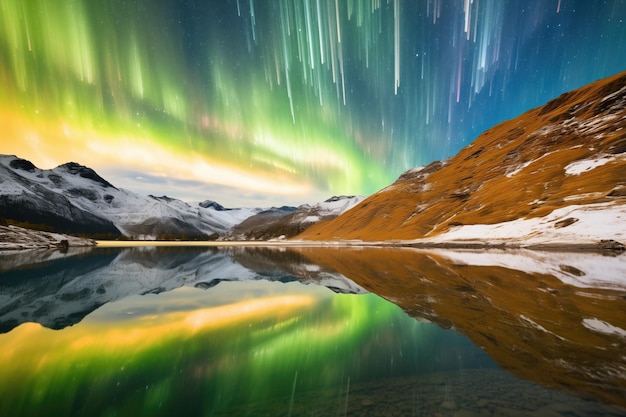 Aurora australis refletindo-se em um lago semelhante a vidro em meio a uma paisagem de montanhas