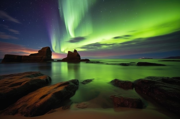 Aurora australis vista de uma costa com grandes icebergs