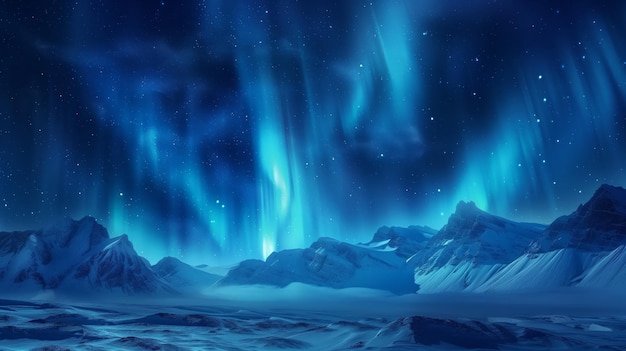 Aurora azul en las montañas del Polo Norte