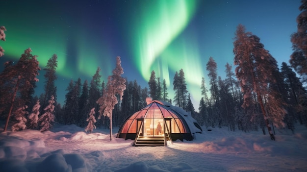 Aurora boreal aurora boreal na floresta de inverno com casa de cabana Generative AI