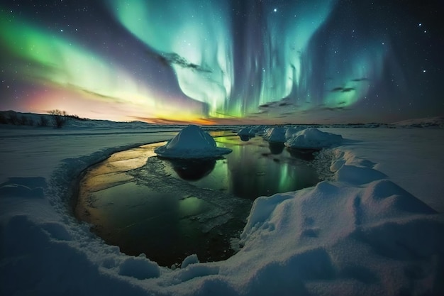 Aurora boreal, aurora boreal nas ilhas. Arte generativa de IA. Montanhas nevadas e geladas à noite.