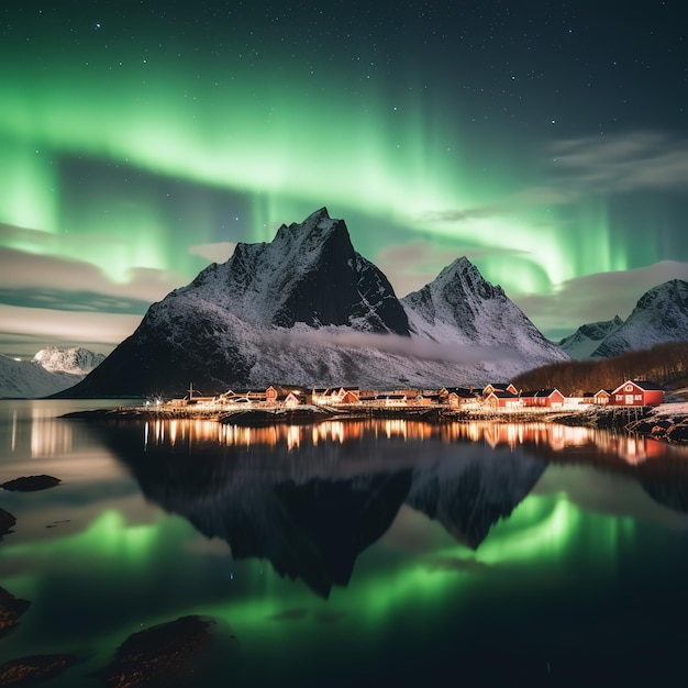 Aurora boreal Aurora boreal sobre la montaña con una persona en la playa de Skagsanden Islas Lofoten