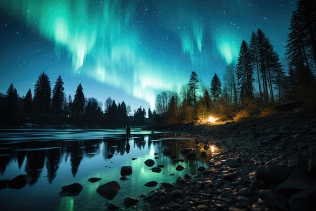 Aurora boreal bailando ilumina el cielo estrellado generativo IA