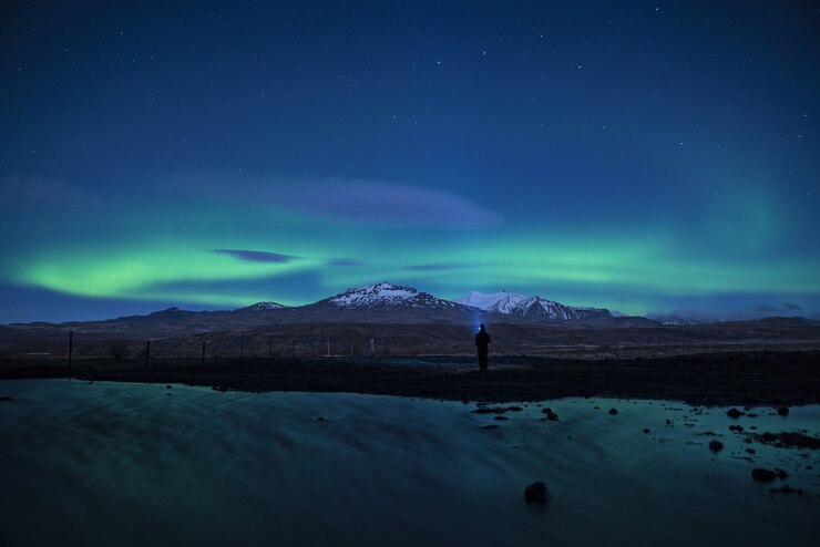 Aurora boreal en el cielo con un hombre de pie.