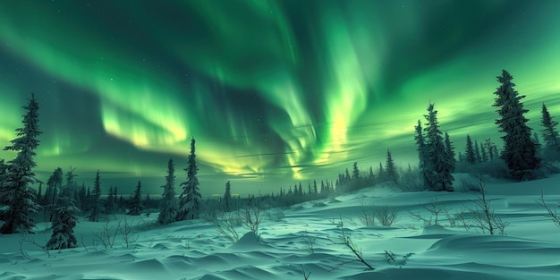 Foto aurora boreal en el cielo sobre el bosque de invierno