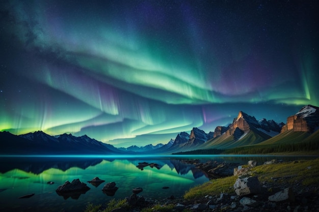 Aurora boreal colorida iluminando uma paisagem montanhosa e um lago sereno