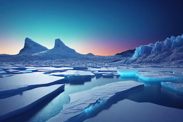 Aurora boreal entre o deserto ártico gelado e icebergs na paisagem marítima
