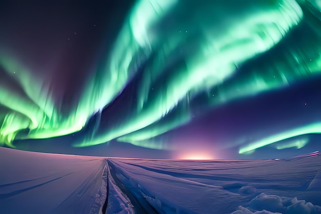 Aurora boreal en el fondo de la nieve