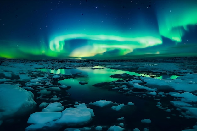 La aurora boreal ilumina el cielo sobre los hielos flotantes