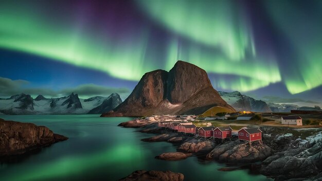 Foto aurora boreal luces del norte sobre la montaña con el pueblo de pescadores en la costa en hamnoy lofoten i