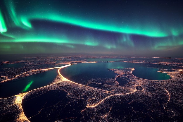 Aurora Boreal (luzes do norte), ilustração 2D realista de luzes polares no fundo do céu noturno.