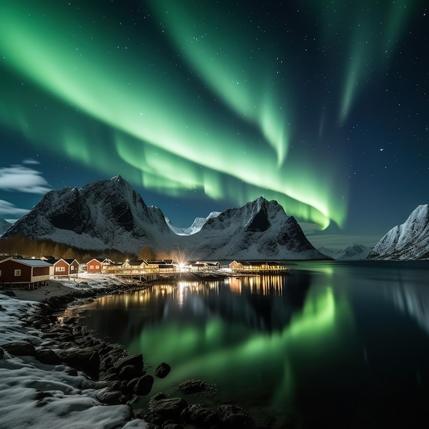 Aurora boreal Luzes do norte sobre a montanha com uma pessoa nas ilhas Lofoten da praia de Skagsanden