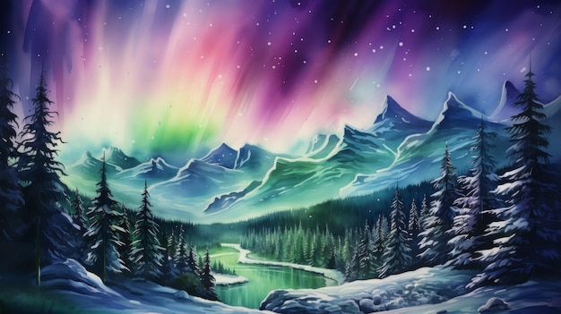 Aurora boreal mística sobre paisagens nevadas aquarela IA gerativa