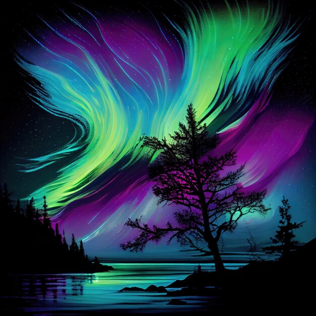 Foto aurora boreal multicolorida sobre a floresta generative ai