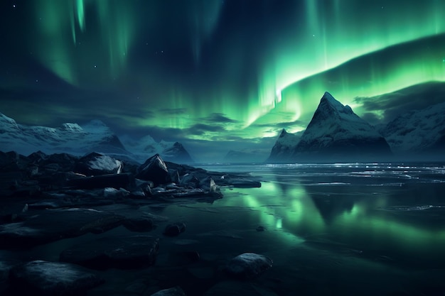 Aurora boreal nas montanhas noturnas Bela imagem de ilustração IA generativa