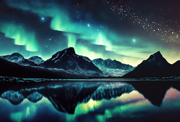Aurora boreal no céu estrelado noturno contra o fundo de montanhas e lagos Ilustração generativa de IA