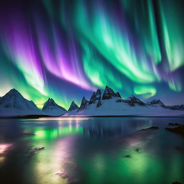 Foto la aurora boreal se refleja en el agua