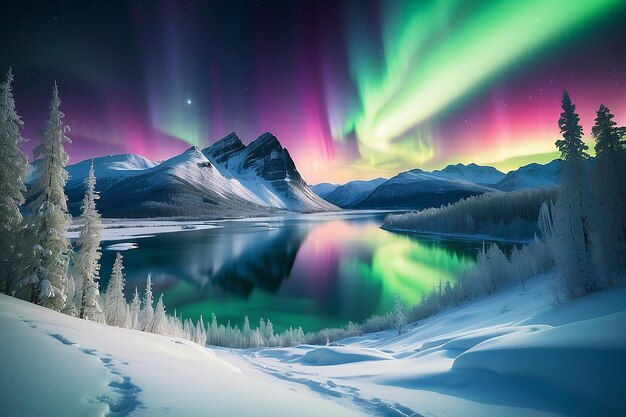 Aurora boreal sobre a floresta gelada Luzes do Norte verdes sobre as montanhas