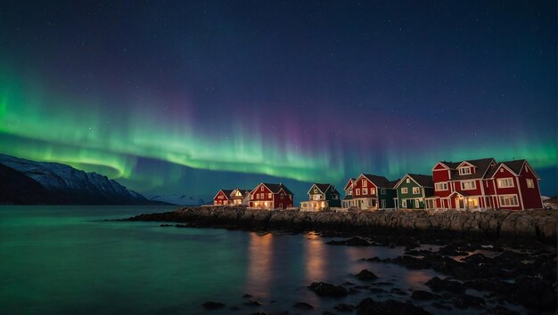 Aurora boreal sobre una aldea Aurora boreal encima de una aldea