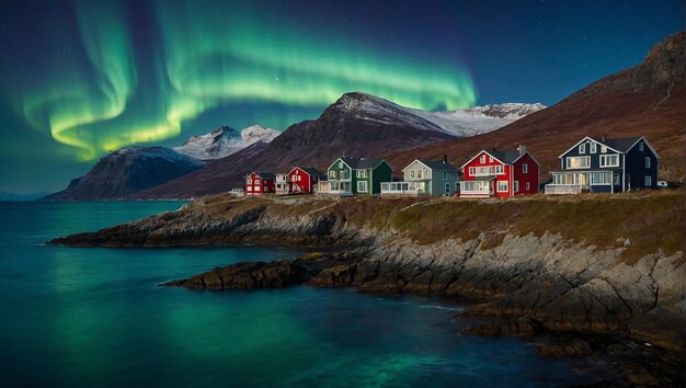 Aurora boreal sobre una aldea Aurora boreal encima de una aldea