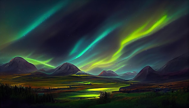 Aurora boreal sobre el bosque Arte de ilustración abstracta