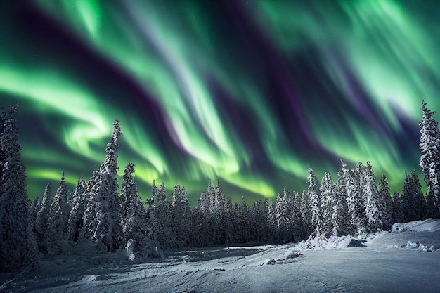 Aurora boreal sobre el bosque Aurora boreal con estrellas en el cielo nocturno Fantástica epopeya invernal