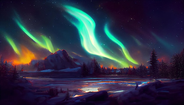 Aurora boreal sobre el bosque y las montañas nevadas Arte abstracto de la ilustración