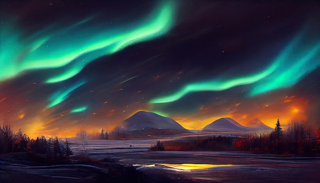 Aurora boreal sobre el bosque y las montañas nevadas Arte abstracto de la ilustración