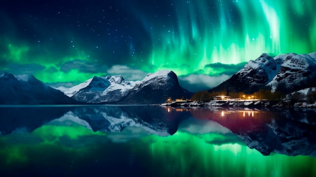 Aurora boreal sobre fiordos y montañas de noche Generado por IA