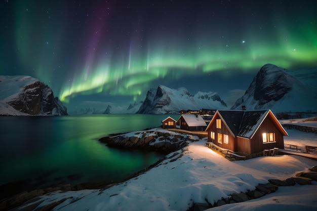 Foto aurora boreal sobre hamnoy en noruega