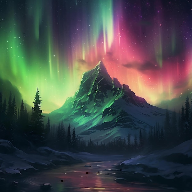Aurora boreal sobre un lago y un bosque en las montañas