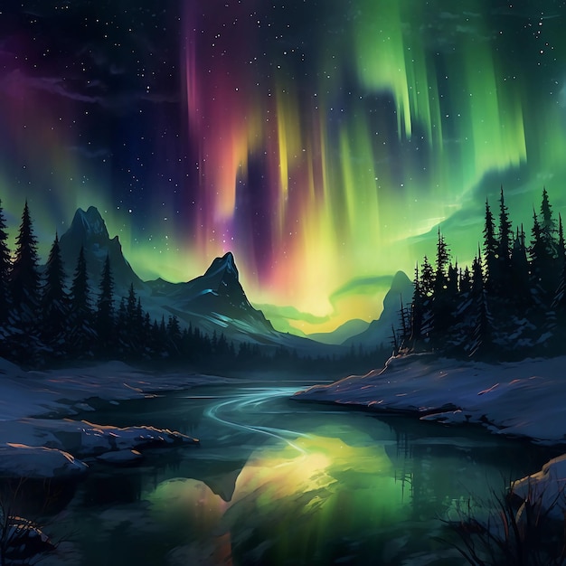 Aurora boreal sobre un lago y un bosque en las montañas