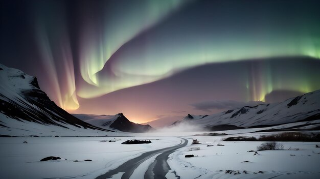 Aurora boreal sobre el lago en montañas nevadas de invierno paisaje Aurora boreal fondo de pantalla