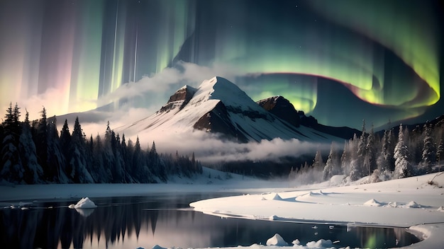 Aurora boreal sobre el lago en montañas nevadas de invierno paisaje Aurora boreal fondo de pantalla