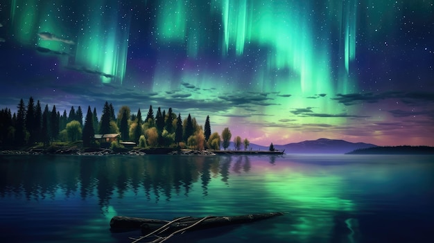 La aurora boreal sobre el lago