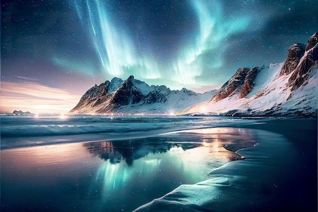 Foto aurora boreal sobre el mar, montañas nevadas y luces de la ciudad por la noche