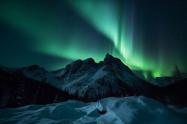 Una aurora boreal sobre una montaña nevada