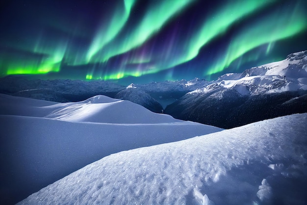 Aurora boreal sobre las montañas nevadas del Ártico Ilustraciones 3D Paisaje Naturaleza Fondo